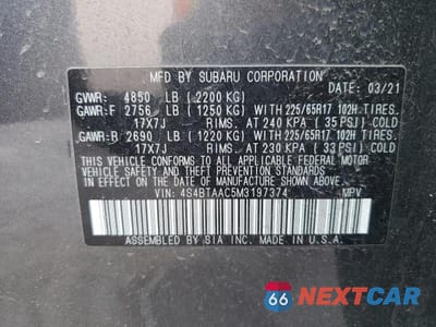 Zdjęcie 14 z 14 samochodu: 2021 SUBARU OUTBACK VIN:4S4BTAAC5M3197374 - miniatura