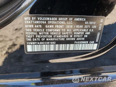 Zdjęcie 12 z 12 samochodu: 2012 VOLKSWAGEN PASSAT SE VIN:1VWBP7A38CC051882 - miniatura
