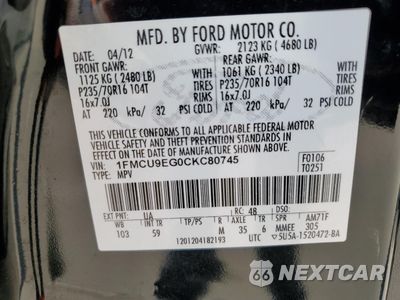 Zdjęcie 13 z 15 samochodu: 2012 FORD ESCAPE LIMITED VIN:1FMCU9EG0CKC80745 - miniatura
