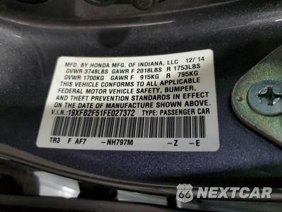 Zdjęcie 12 z 12 samochodu: 2015 HONDA CIVIC LX VIN:19XFB2F51FE027372 - miniatura