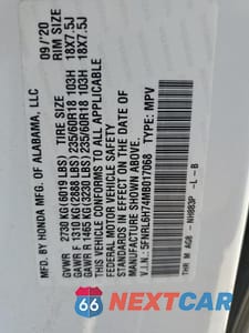 Zdjęcie 14 z 14 samochodu: 2021 HONDA ODYSSEY EXL VIN:5FNRL6H74MB017068 - miniatura