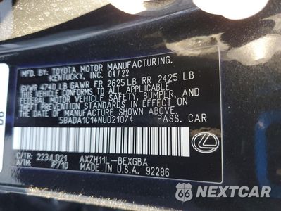 Zdjęcie 12 z 15 samochodu: 2022 LEXUS ES 300H BASE VIN:58ADA1C14NU021074 - miniatura