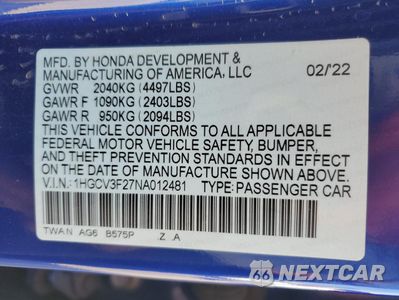 Zdjęcie 12 z 12 samochodu: 2022 HONDA ACCORD HYBRID SPORT VIN:1HGCV3F27NA012481 - miniatura