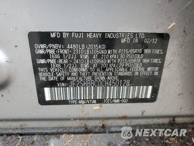Zdjęcie 13 z 13 samochodu: 2012 SUBARU FORESTER 2.5X VIN:JF2SHBBC0CH450128 - miniatura