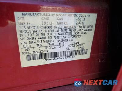 Zdjęcie 12 z 12 samochodu: 2007 NISSAN ALTIMA 2.5 VIN:1N4AL21E67N439353 - miniatura