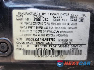 Zdjęcie 12 z 14 samochodu: 2004 NISSAN SENTRA 1.8 VIN:3N1CB51D94L482727 - miniatura