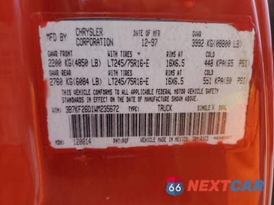 Zdjęcie 14 z 14 samochodu: 1998 DODGE RAM 2500 VIN:3B7KF26D1WM235672 - miniatura