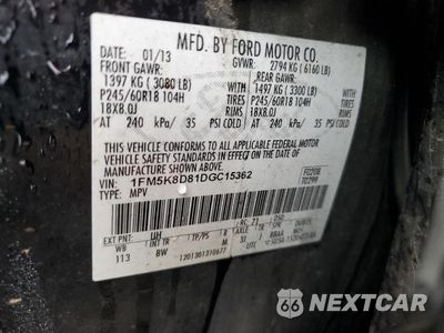Zdjęcie 13 z 13 samochodu: 2013 FORD EXPLORER XLT VIN:1FM5K8D81DGC15362 - miniatura