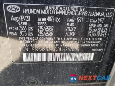 Zdjęcie 13 z 13 samochodu: 2020 HYUNDAI SANTA FE SEL VIN:5NMS33AD8LH267605 - miniatura