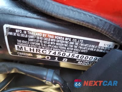 Zdjęcie 8 z 8 samochodu: 2018 HONDA CBR650 FA VIN:MLHRC7450J5400090 - miniatura