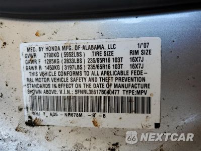 Zdjęcie 13 z 15 samochodu: 2007 HONDA ODYSSEY EXL VIN:5FNRL38617B040477 - miniatura