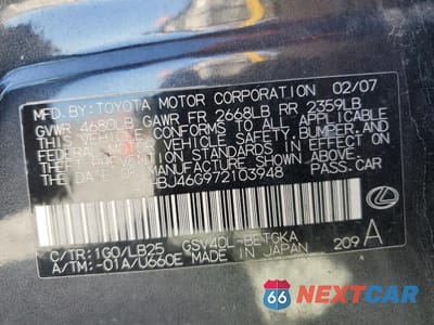 Zdjęcie 12 z 12 samochodu: 2007 LEXUS ES 350 VIN:JTHBJ46G972103948 - miniatura