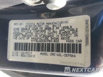 Zdjęcie 12 z 12 samochodu: 2012 TOYOTA COROLLA BASE VIN:5YFBU4EE8CP031029 - miniatura