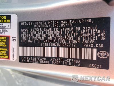 Zdjęcie 12 z 12 samochodu: 2019 TOYOTA CAMRY L VIN:4T1B11HK1KU257712 - miniatura
