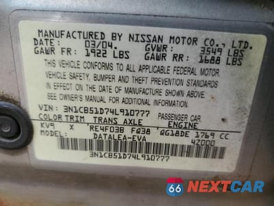 Zdjęcie 13 z 13 samochodu: 2004 NISSAN SENTRA 1.8 VIN:3N1CB51D74L910777 - miniatura