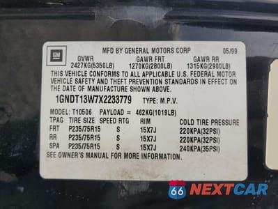 Zdjęcie 12 z 12 samochodu: 1999 CHEVROLET BLAZER VIN:1GNDT13W7X2233779 - miniatura