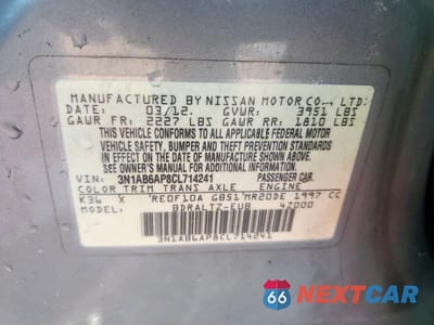 Zdjęcie 12 z 12 samochodu: 2012 NISSAN SENTRA VIN:3N1AB6AP8CL714241 - miniatura