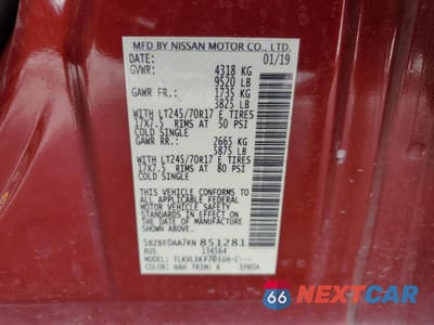 Zdjęcie 13 z 15 samochodu: 2019 NISSAN NV 3500 DELIVERY VAN VIN:5BZBF0AA7KN851281 - miniatura