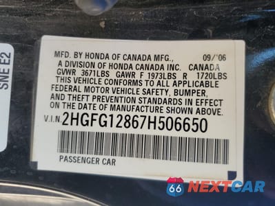 Zdjęcie 12 z 14 samochodu: 2007 HONDA CIVIC EX VIN:2HGFG12867H506650 - miniatura