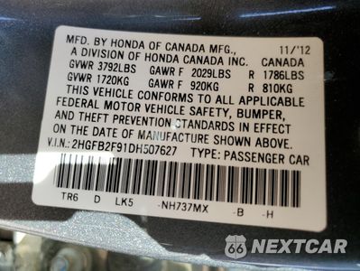 Zdjęcie 12 z 12 samochodu: 2013 HONDA CIVIC EXL VIN:2HGFB2F91DH507627 - miniatura