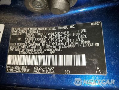 Zdjęcie 13 z 13 samochodu: 2007 TOYOTA SIENNA XLE VIN:5TDBK22C87S008702 - miniatura