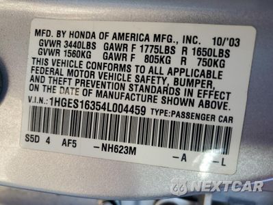 Zdjęcie 12 z 12 samochodu: 2004 HONDA CIVIC DX VP VIN:1HGES16354L004459 - miniatura