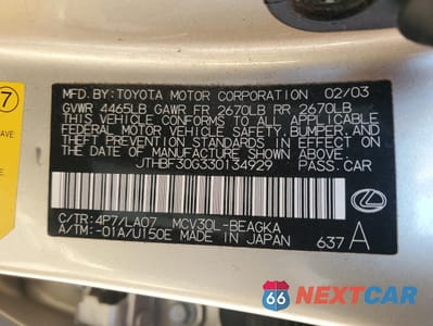 Zdjęcie 12 z 13 samochodu: 2003 LEXUS ES 300 VIN:JTHBF30G330134929 - miniatura