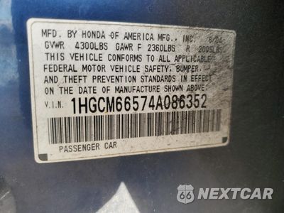 Zdjęcie 12 z 13 samochodu: 2004 HONDA ACCORD EX VIN:1HGCM66574A086352 - miniatura