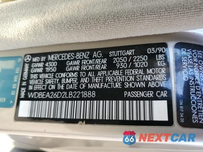Zdjęcie 12 z 12 samochodu: 1990 MERCEDES-BENZ 300 E 2.6 VIN:WDBEA26D2LB221888 - miniatura