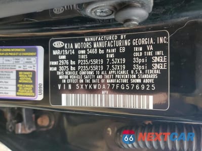 Zdjęcie 14 z 14 samochodu: 2015 KIA SORENTO SX VIN:5XYKWDA77FG576925 - miniatura