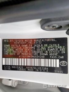 Zdjęcie 12 z 12 samochodu: 2022 TOYOTA CAMRY SE VIN:4T1G11AK0NU034288 - miniatura