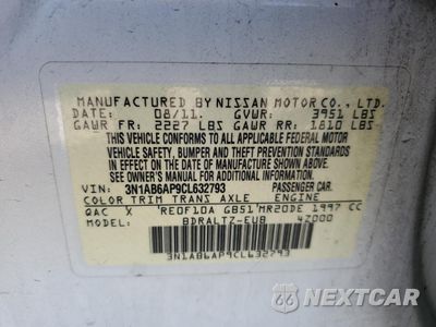 Zdjęcie 12 z 12 samochodu: 2012 NISSAN SENTRA 2.0 VIN:3N1AB6AP9CL632793 - miniatura
