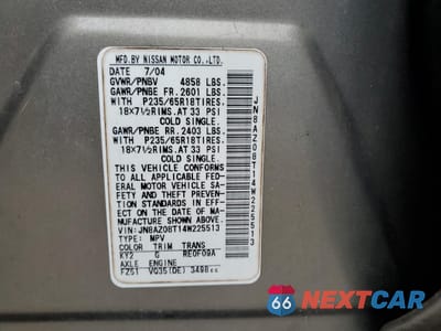 Zdjęcie 13 z 13 samochodu: 2004 NISSAN MURANO SL VIN:JN8AZ08T14W225513 - miniatura