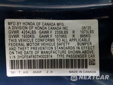 Zdjęcie 12 z 15 samochodu: 2026 HONDA CIVIC SPORT VIN:2HGFE4F80TH302874 - miniatura