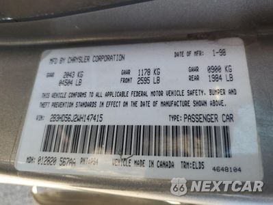 Zdjęcie 12 z 12 samochodu: 1998 DODGE INTREPID ES VIN:2B3HD56J2WH147415 - miniatura