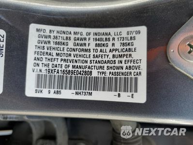 Zdjęcie 12 z 12 samochodu: 2009 HONDA CIVIC LX VIN:19XFA16589E042808 - miniatura