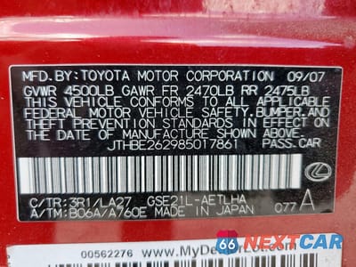 Zdjęcie 13 z 13 samochodu: 2008 LEXUS IS 350 VIN:JTHBE262985017861 - miniatura