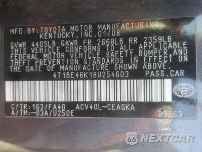 Zdjęcie 12 z 12 samochodu: 2008 TOYOTA CAMRY CE VIN:4T1BE46K18U254603 - miniatura