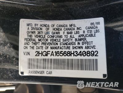 Zdjęcie 12 z 14 samochodu: 2008 HONDA CIVIC LX VIN:2HGFA16568H340892 - miniatura