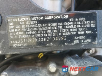 Zdjęcie 10 z 11 samochodu: 2006 SUZUKI GSX-R750 K6 VIN:JS1GR7KA462104792 - miniatura