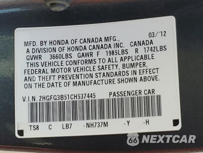 Zdjęcie 12 z 12 samochodu: 2012 HONDA CIVIC LX VIN:2HGFG3B51CH537445 - miniatura