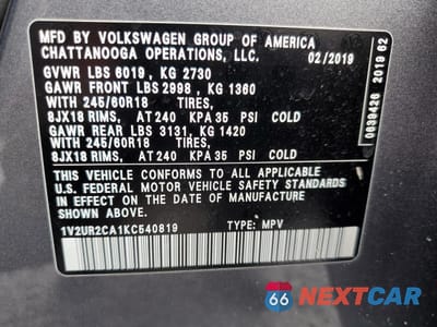 Zdjęcie 13 z 13 samochodu: 2019 VOLKSWAGEN ATLAS SE VIN:1V2UR2CA1KC540819 - miniatura