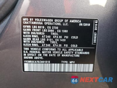 Zdjęcie 14 z 14 samochodu: 2019 VOLKSWAGEN ATLAS SEL PREMIUM VIN:1V2NR2CA7KC601515 - miniatura