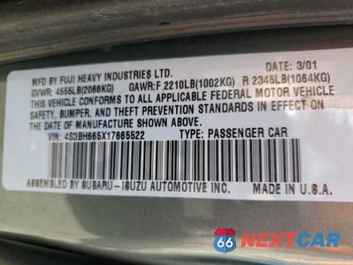 Zdjęcie 12 z 13 samochodu: 2001 SUBARU LEGACY OUTBACK VIN:4S3BH665X17665522 - miniatura