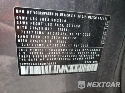 Zdjęcie 13 z 13 samochodu: 2018 VOLKSWAGEN TIGUAN SE VIN:3VV2B7AX1JM078939 - miniatura