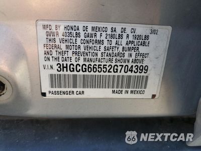 Zdjęcie 13 z 15 samochodu: 2002 HONDA ACCORD LX VIN:3HGCG66552G704399 - miniatura