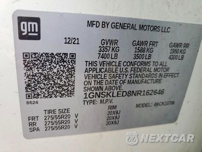 Zdjęcie 13 z 13 samochodu: 2022 CHEVROLET TAHOE K1500 VIN:1GNSKLED8NR162646 - miniatura