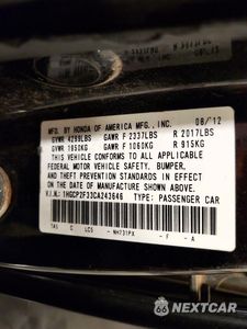 Zdjęcie 12 z 12 samochodu: 2012 HONDA ACCORD LX VIN:1HGCP2F33CA243646 - miniatura