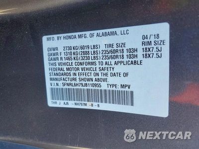 Zdjęcie 13 z 13 samochodu: 2018 HONDA ODYSSEY EXL VIN:5FNRL6H79JB110955 - miniatura