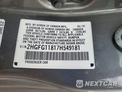 Zdjęcie 12 z 12 samochodu: 2007 HONDA CIVIC EX VIN:2HGFG11817H549181 - miniatura